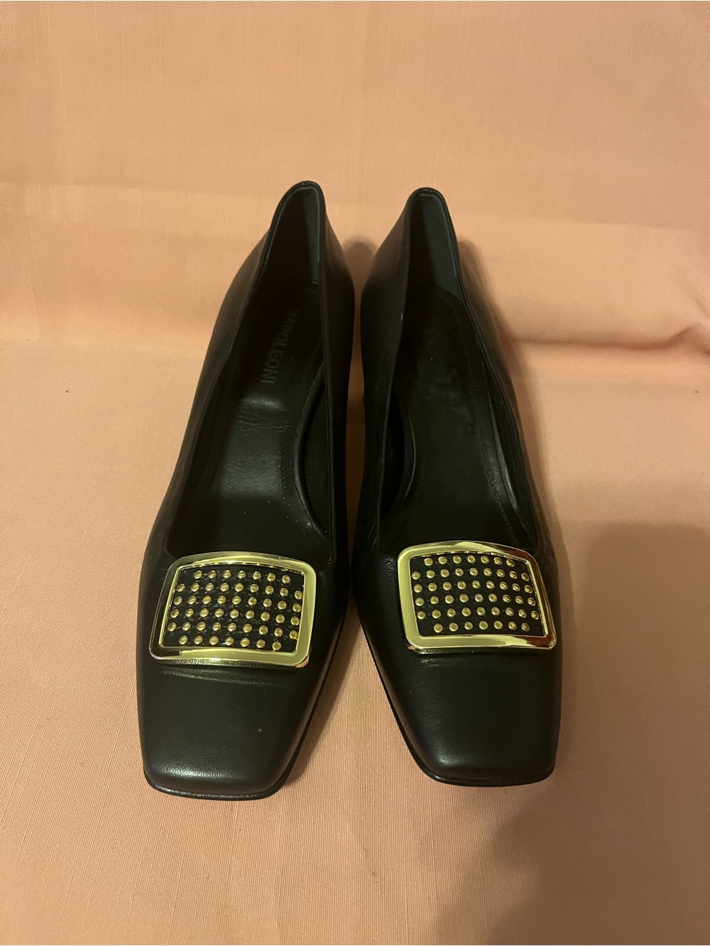 Napoleoni Black Women's leather Square-Toe Flats with Gold Studded Buckle Accent